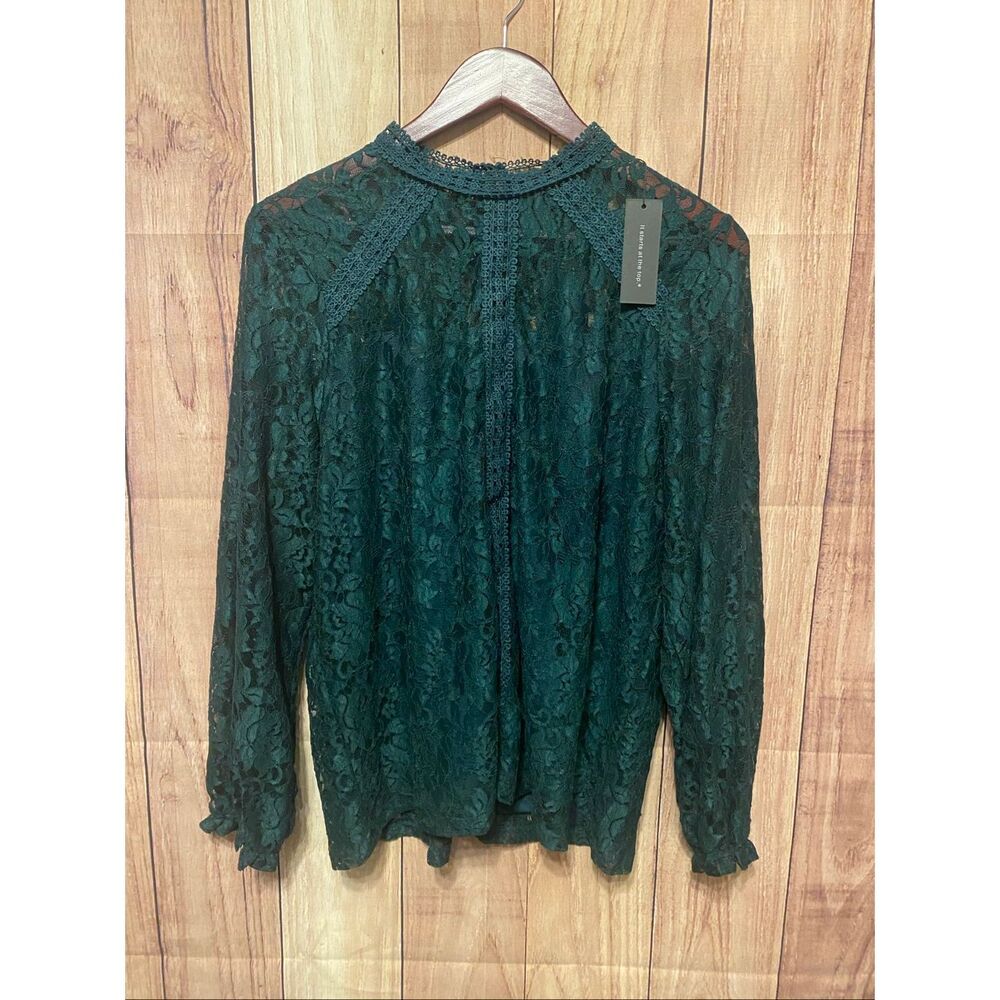 Cable & Gauge 1X NWT dark green floral lace top lined long sleeve shirt